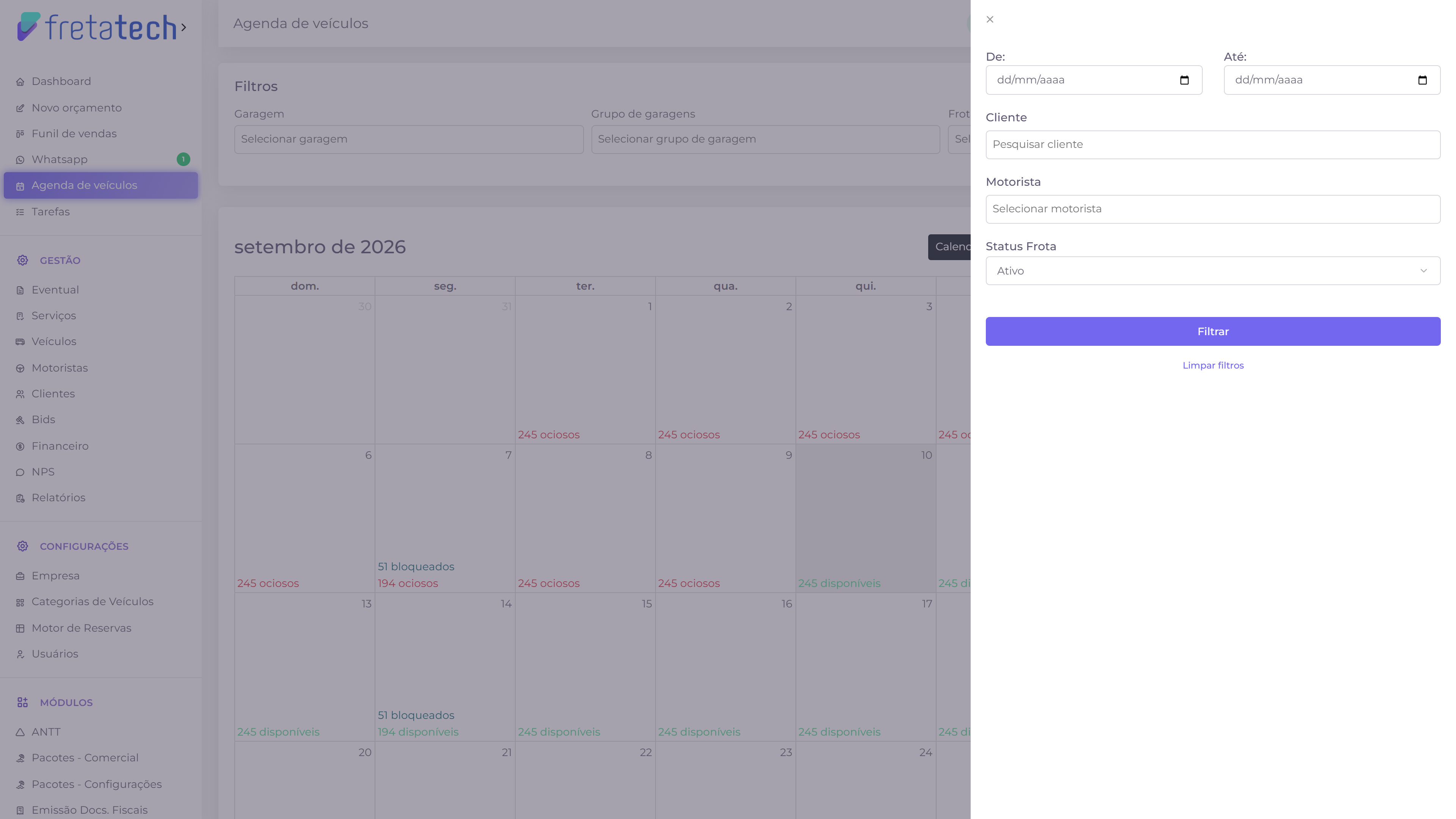Painel lateral com os filtros adicionais da agenda