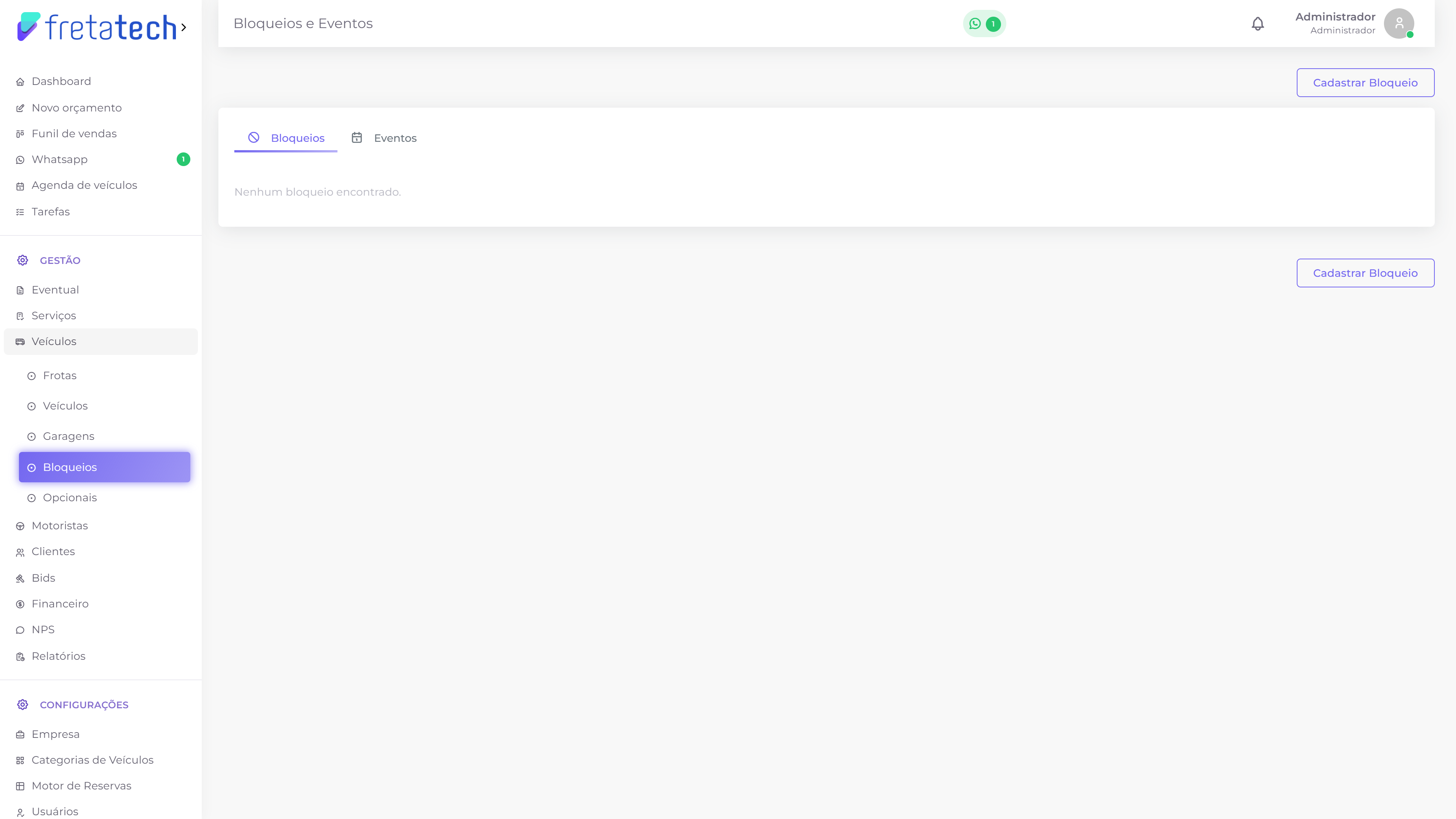 Tela de bloqueios e eventos, na aba de bloqueios