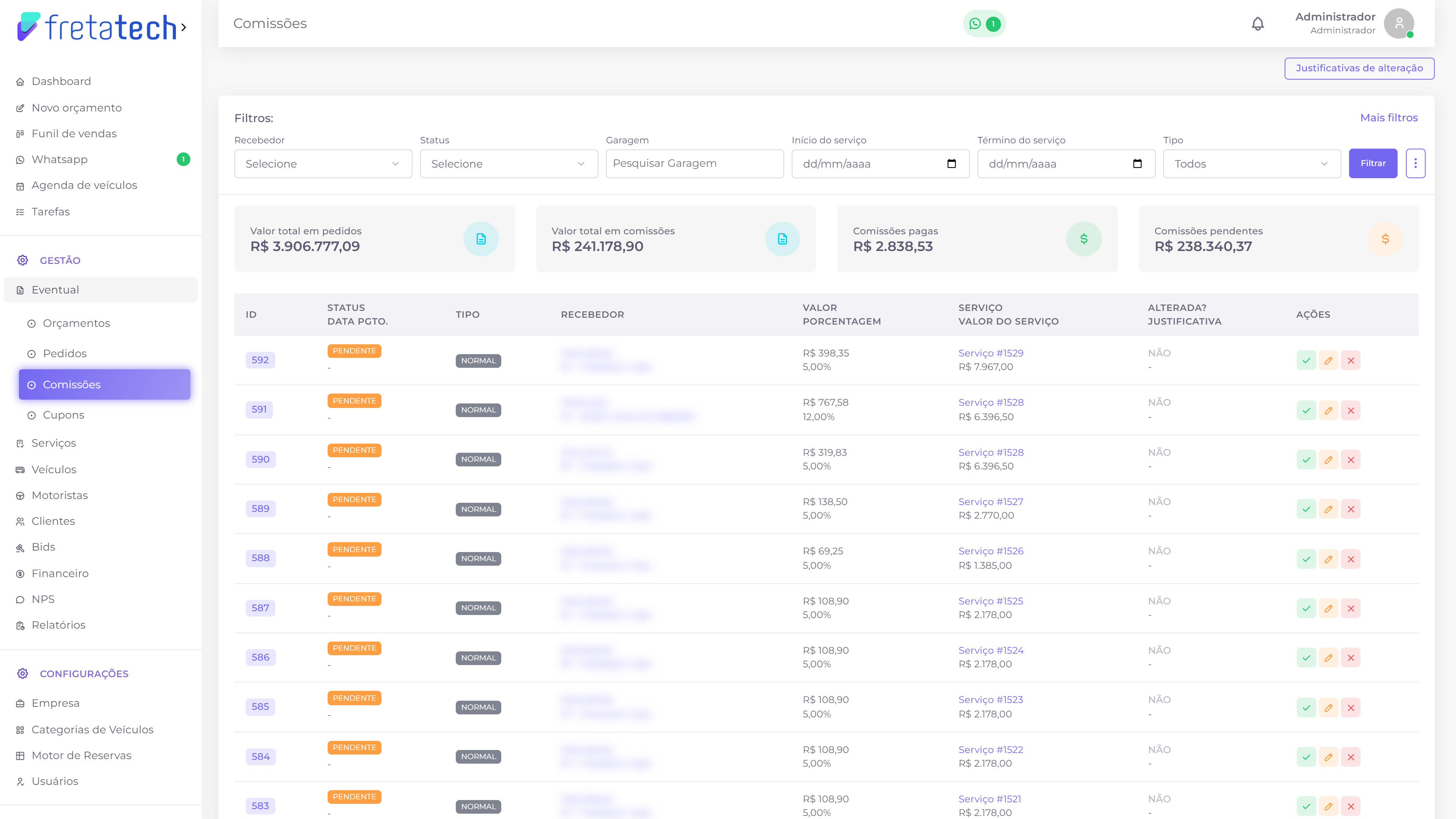 Listagem de comissões, com os cards de resumo, os filtros e a tabela