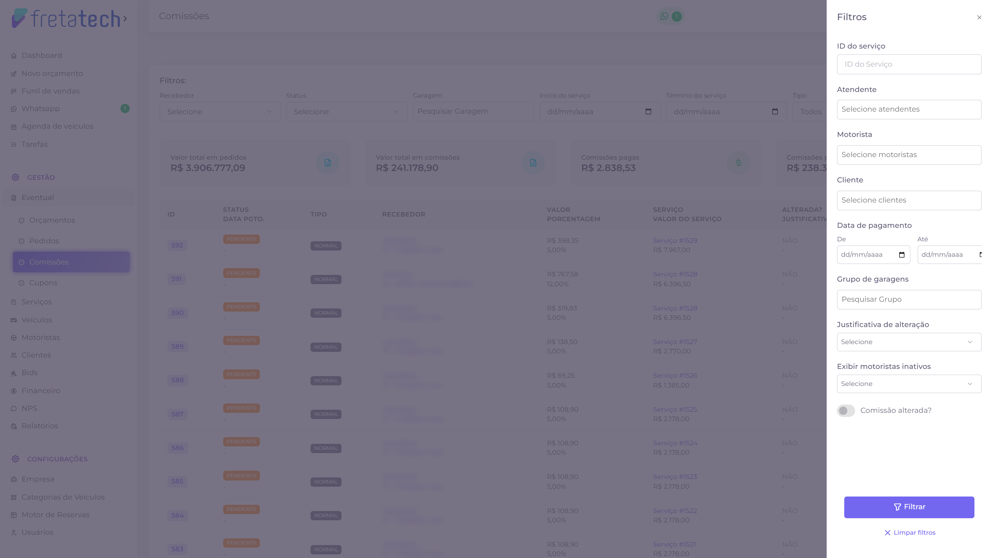 Painel lateral com os filtros adicionais das comissões