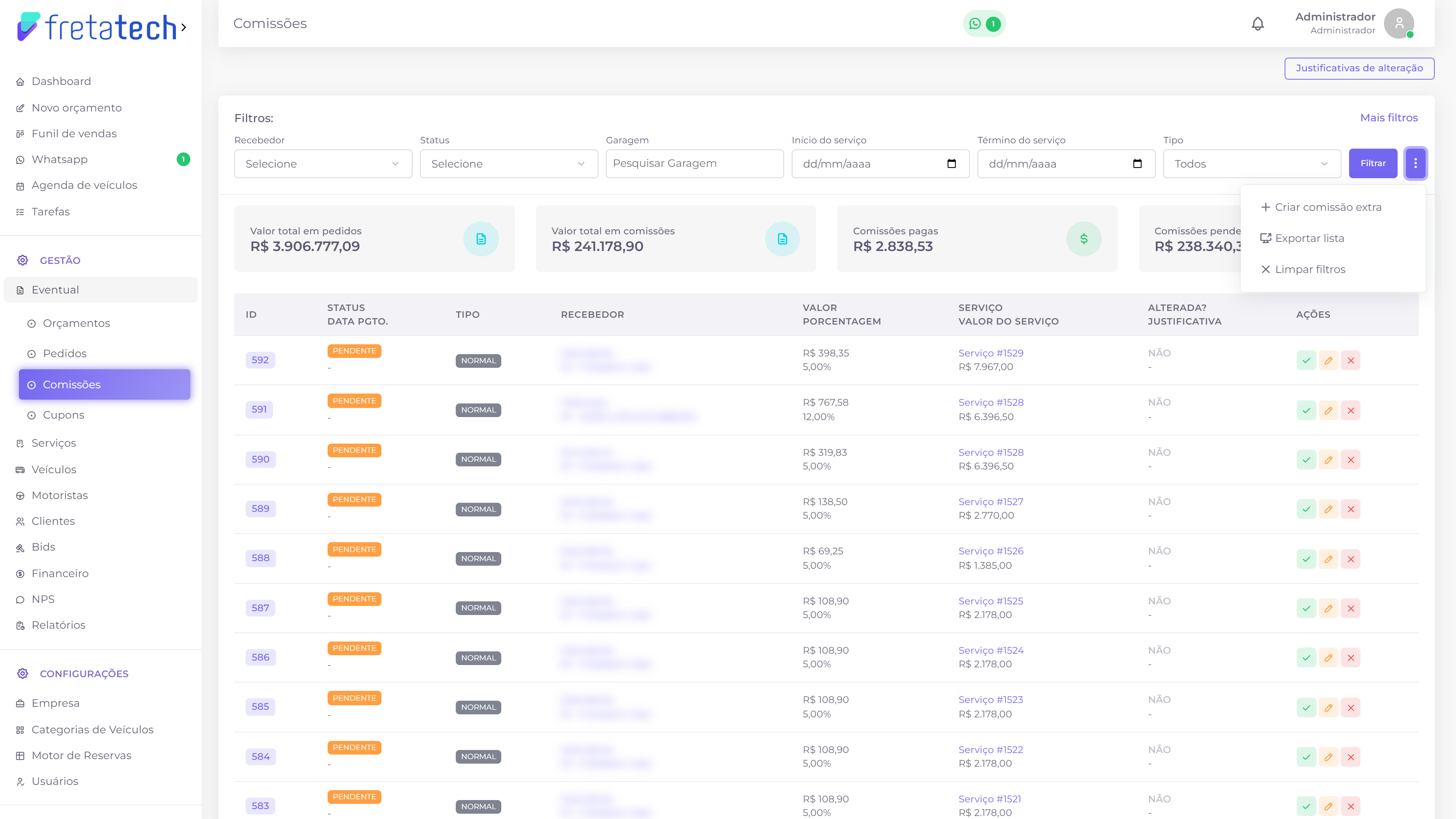 Menu com Criar comissão extra, Exportar lista e Limpar filtros