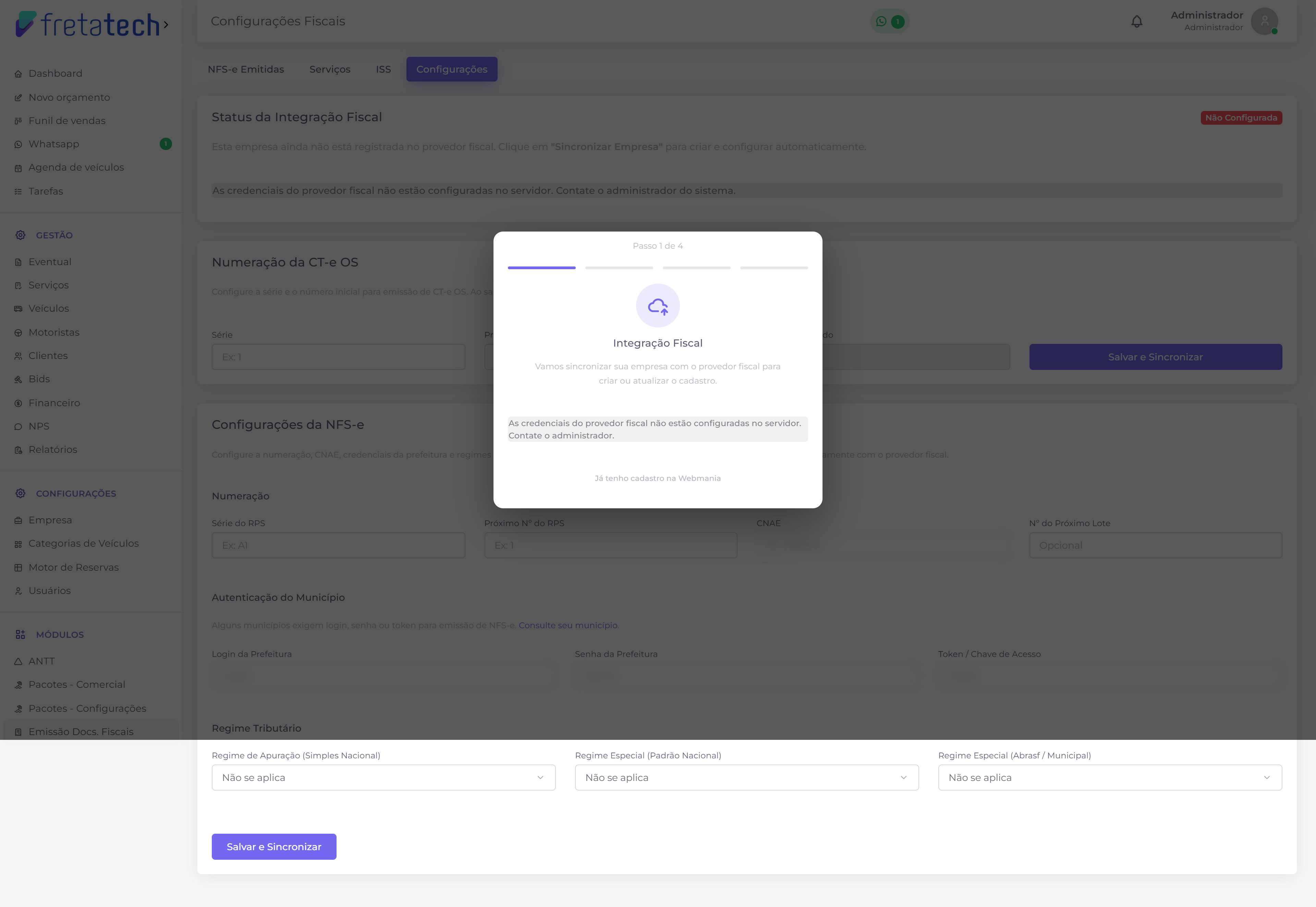 Tela de configurações fiscais