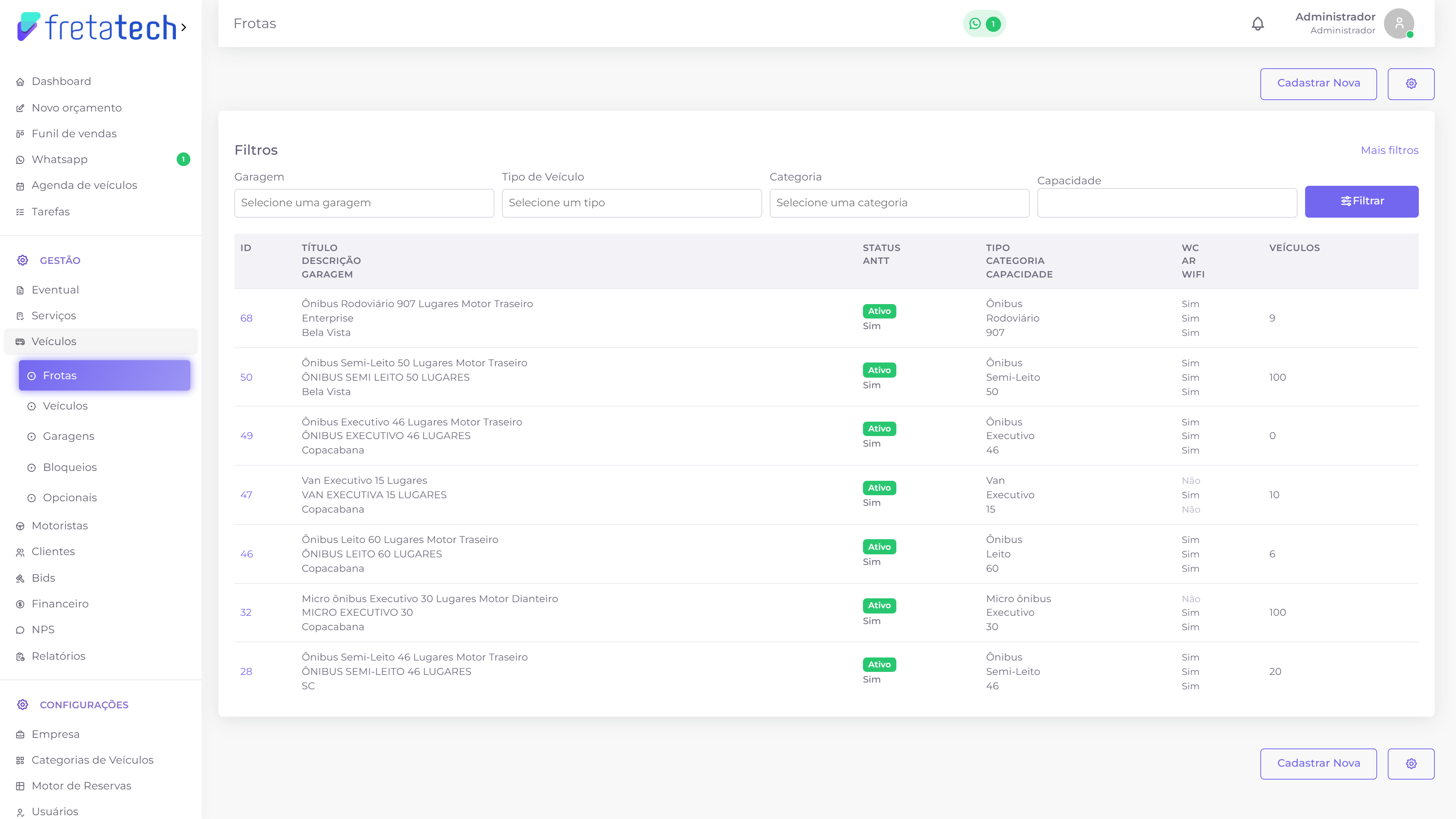 Listagem de frotas, com título, garagem, status e capacidade de cada uma
