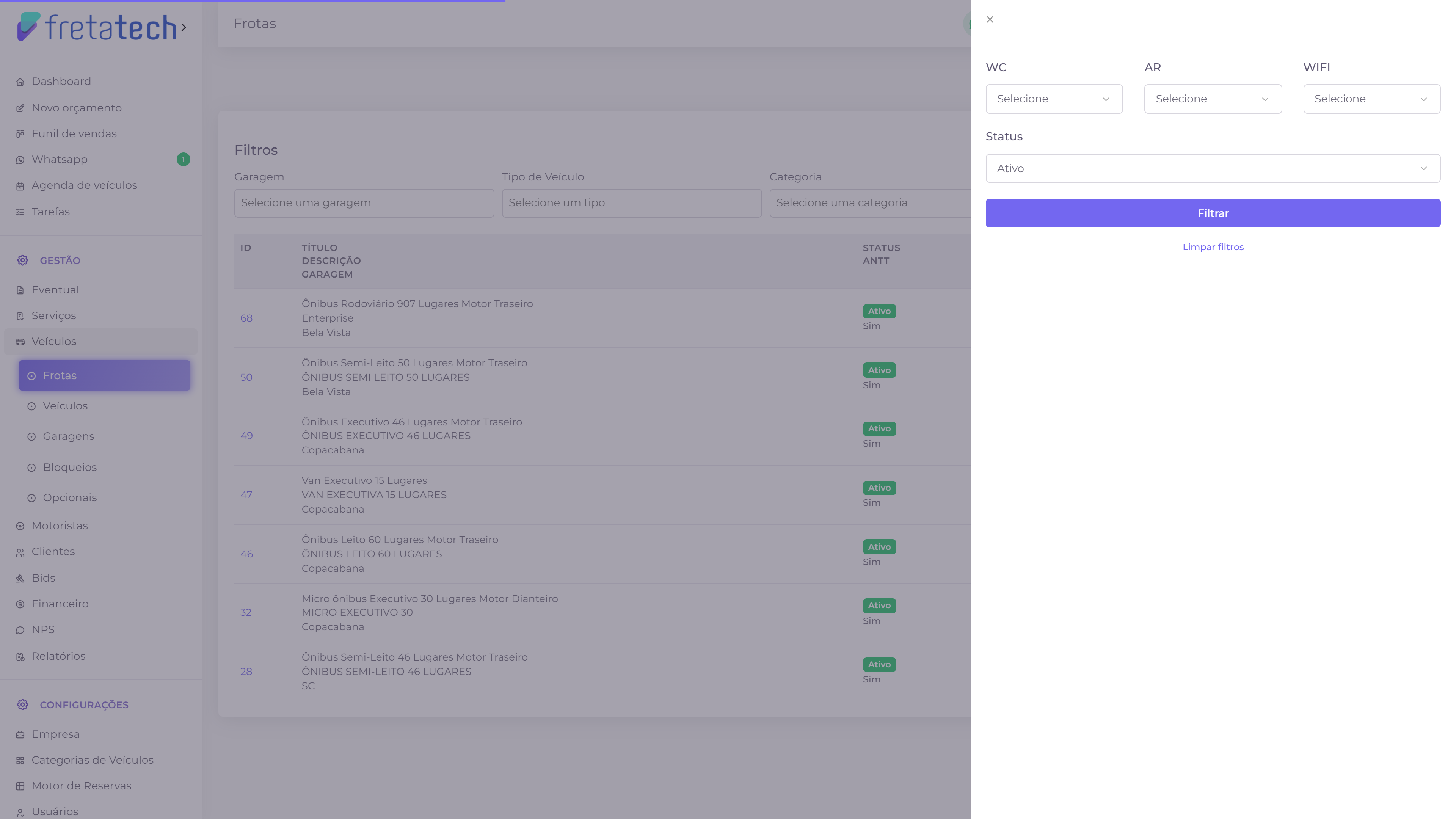 Painel lateral com os filtros adicionais das frotas