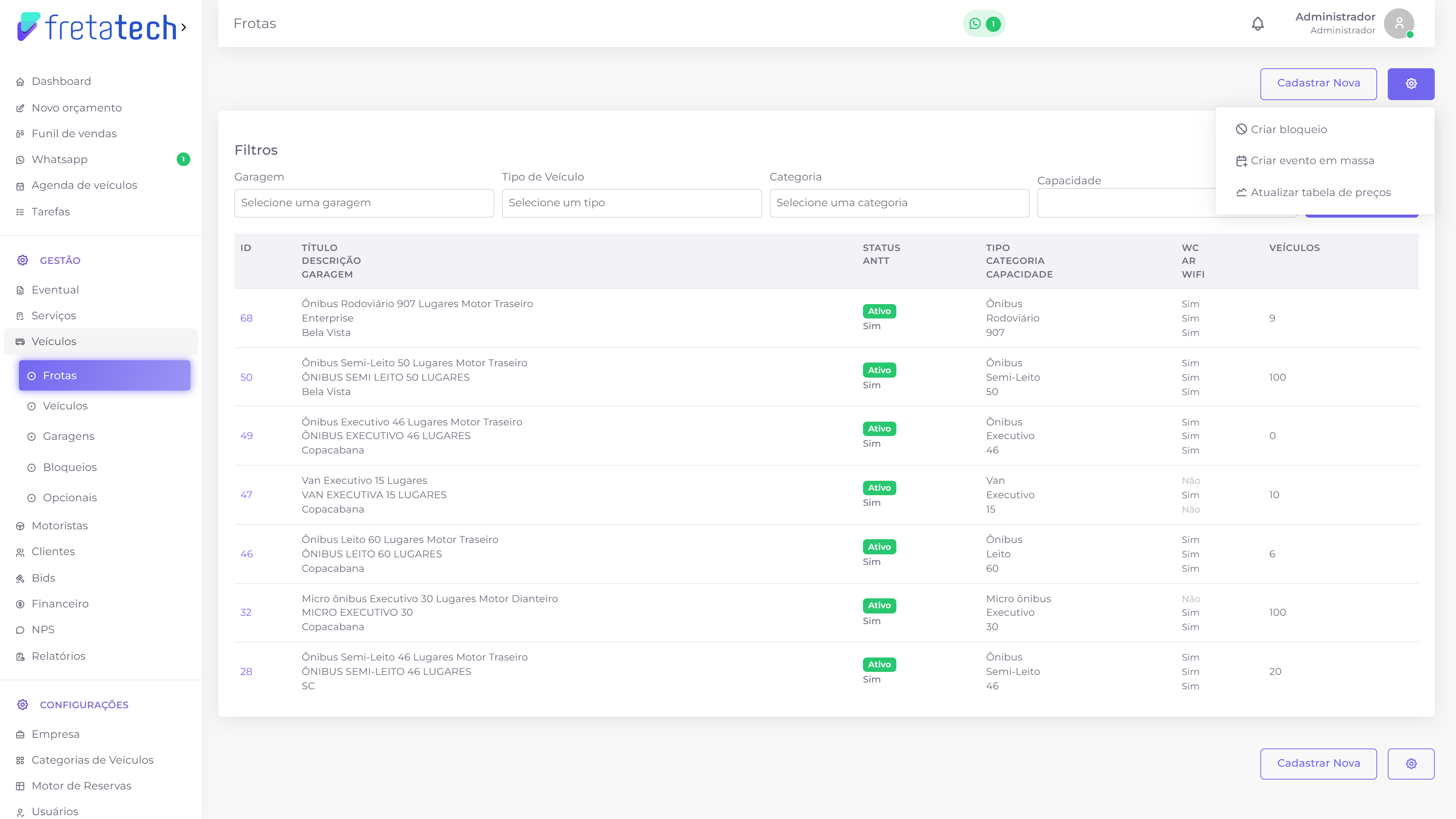 Menu com Criar bloqueio, Criar evento em massa e Atualizar tabela de preços