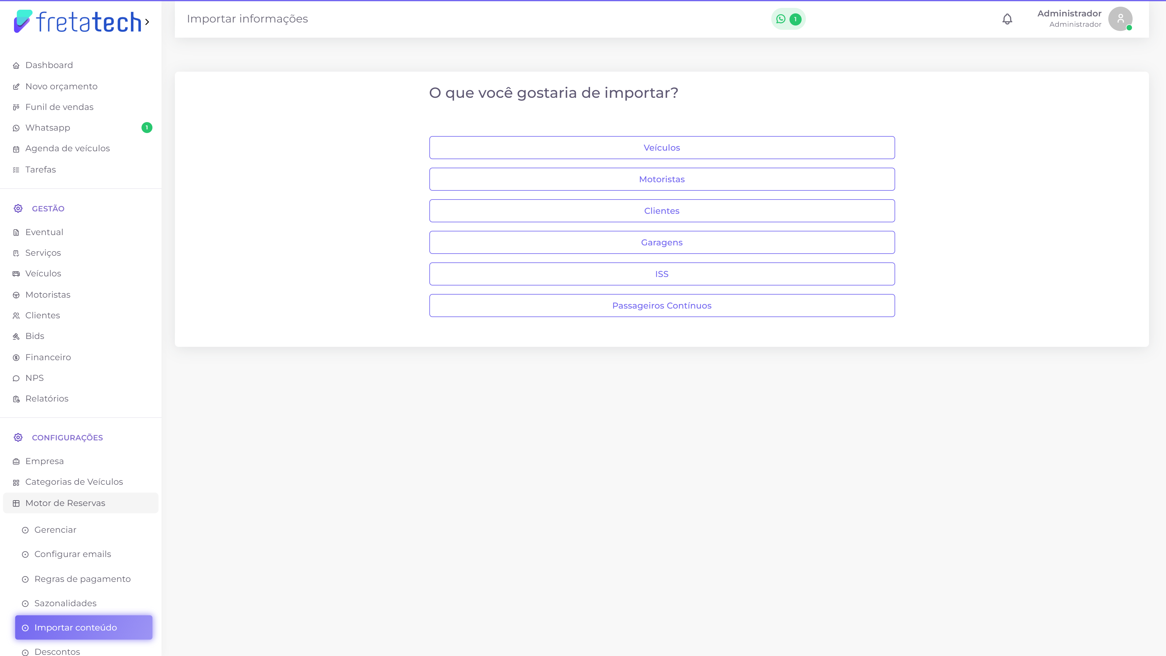Tela de importar conteúdo, com os tipos disponíveis