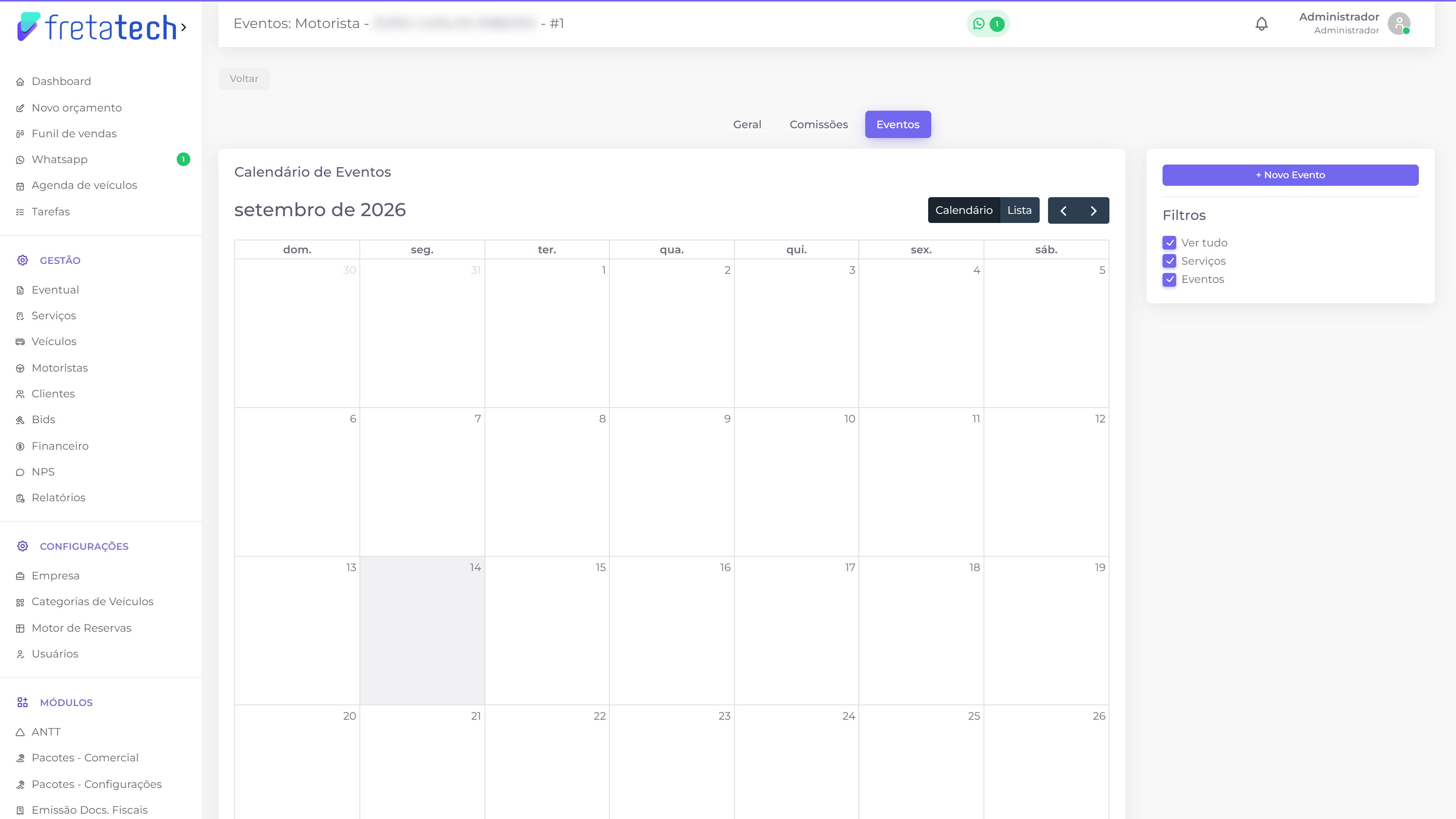 Aba de eventos do motorista, com o calendário