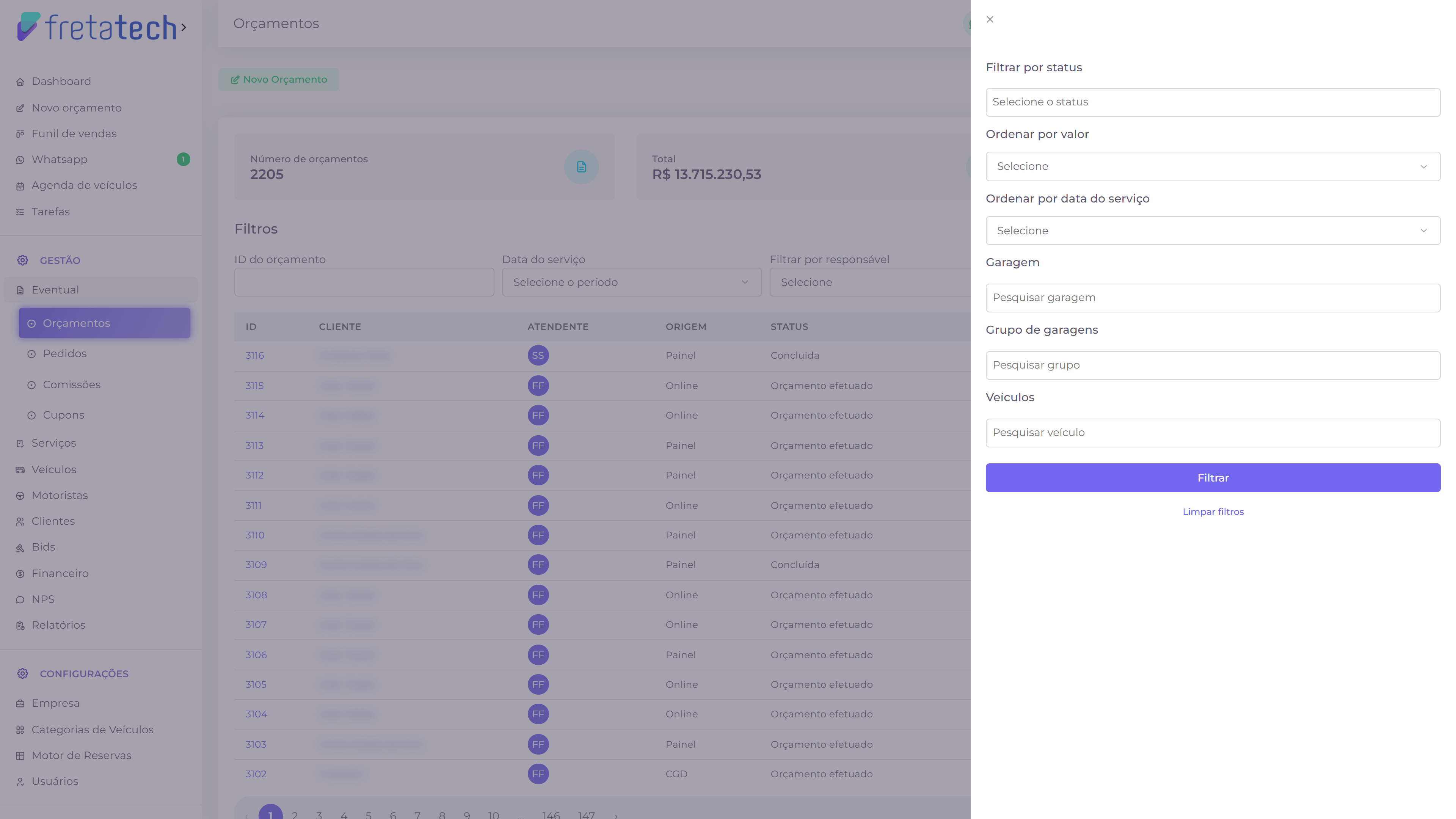Painel lateral com os filtros adicionais dos orçamentos