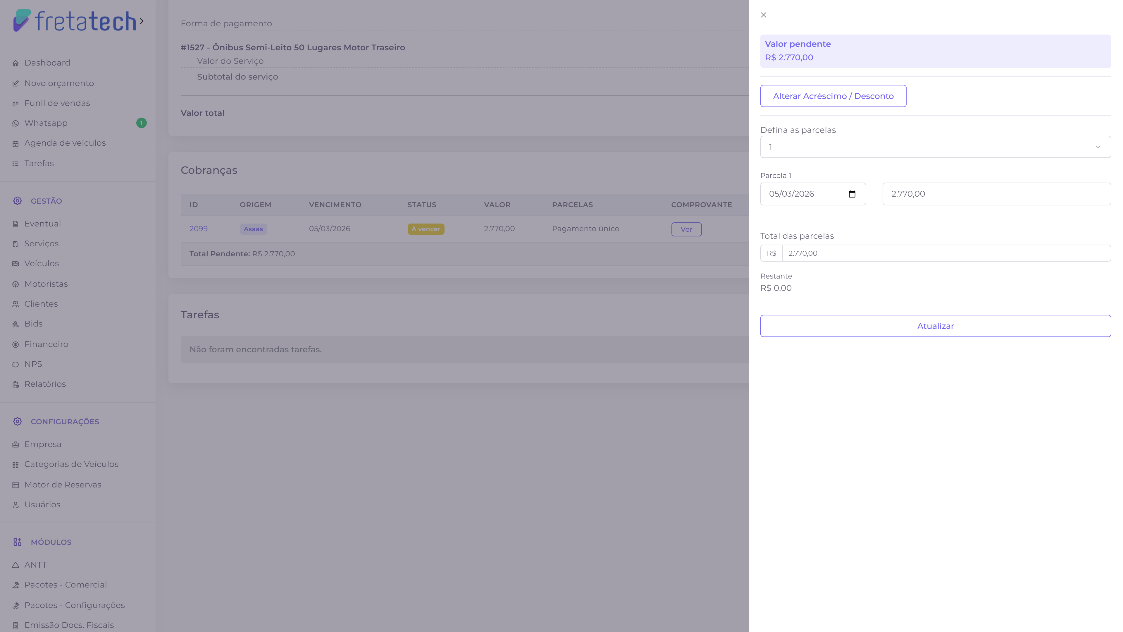 Painel de editar cobranças