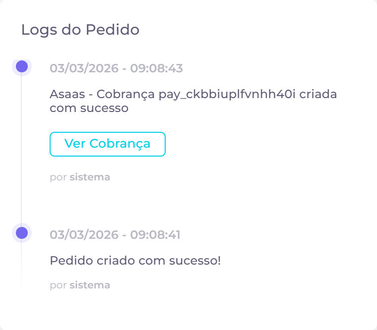Card de logs do pedido