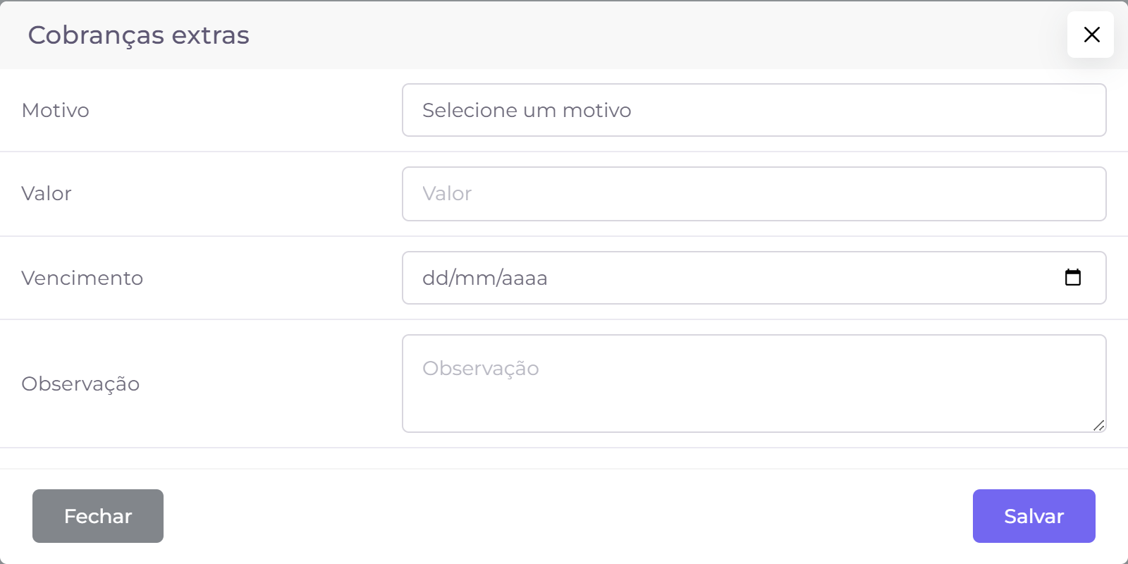 Modal de cobrança extra