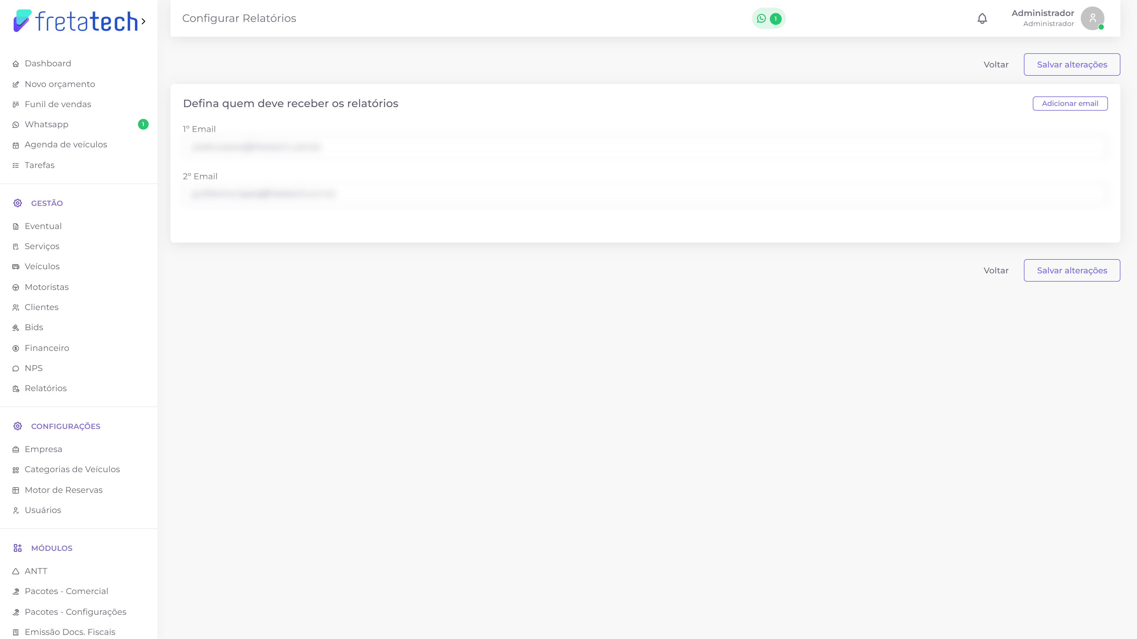 Tela de configurar quem recebe os relatórios