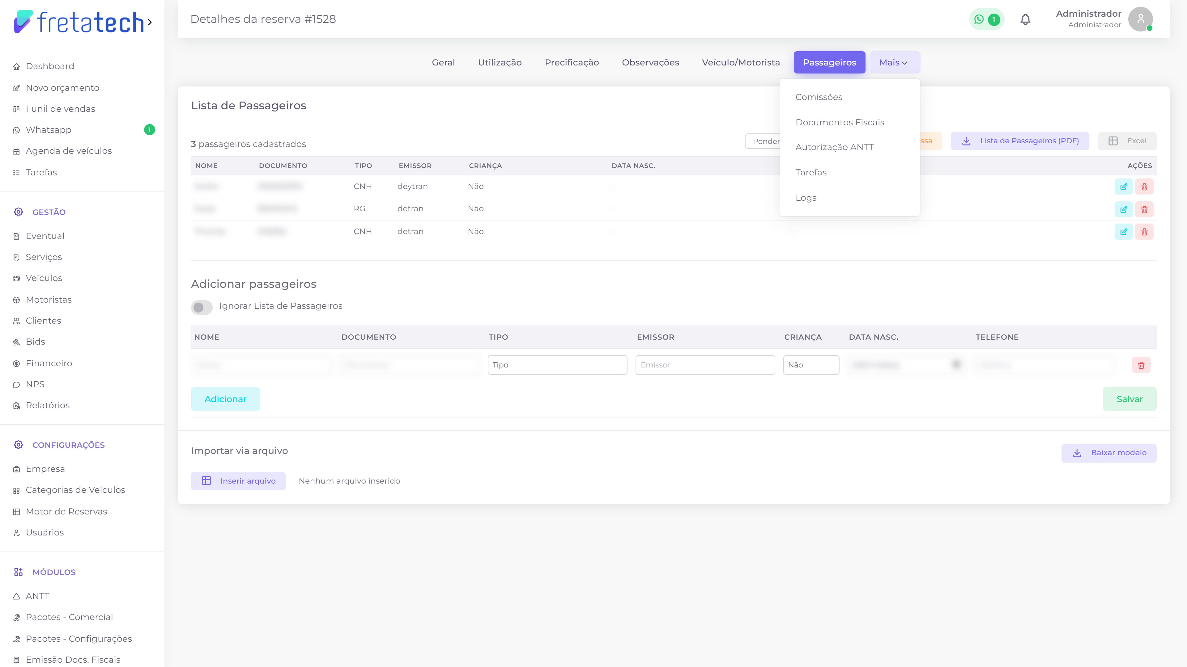 Menu Mais aberto, com Comissões, Documentos Fiscais, Autorização ANTT, Tarefas e Logs