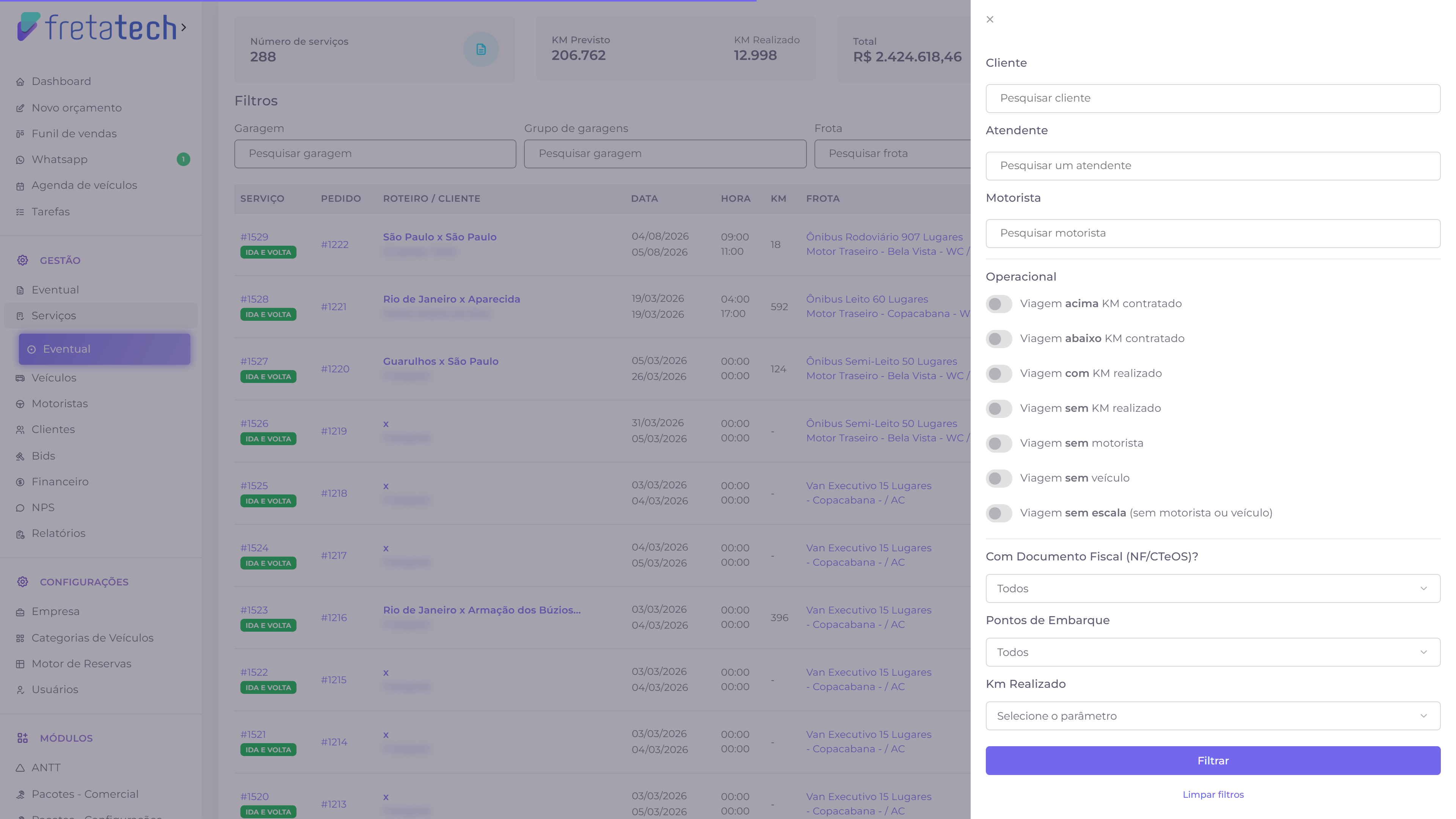Seção Operacional do painel de filtros