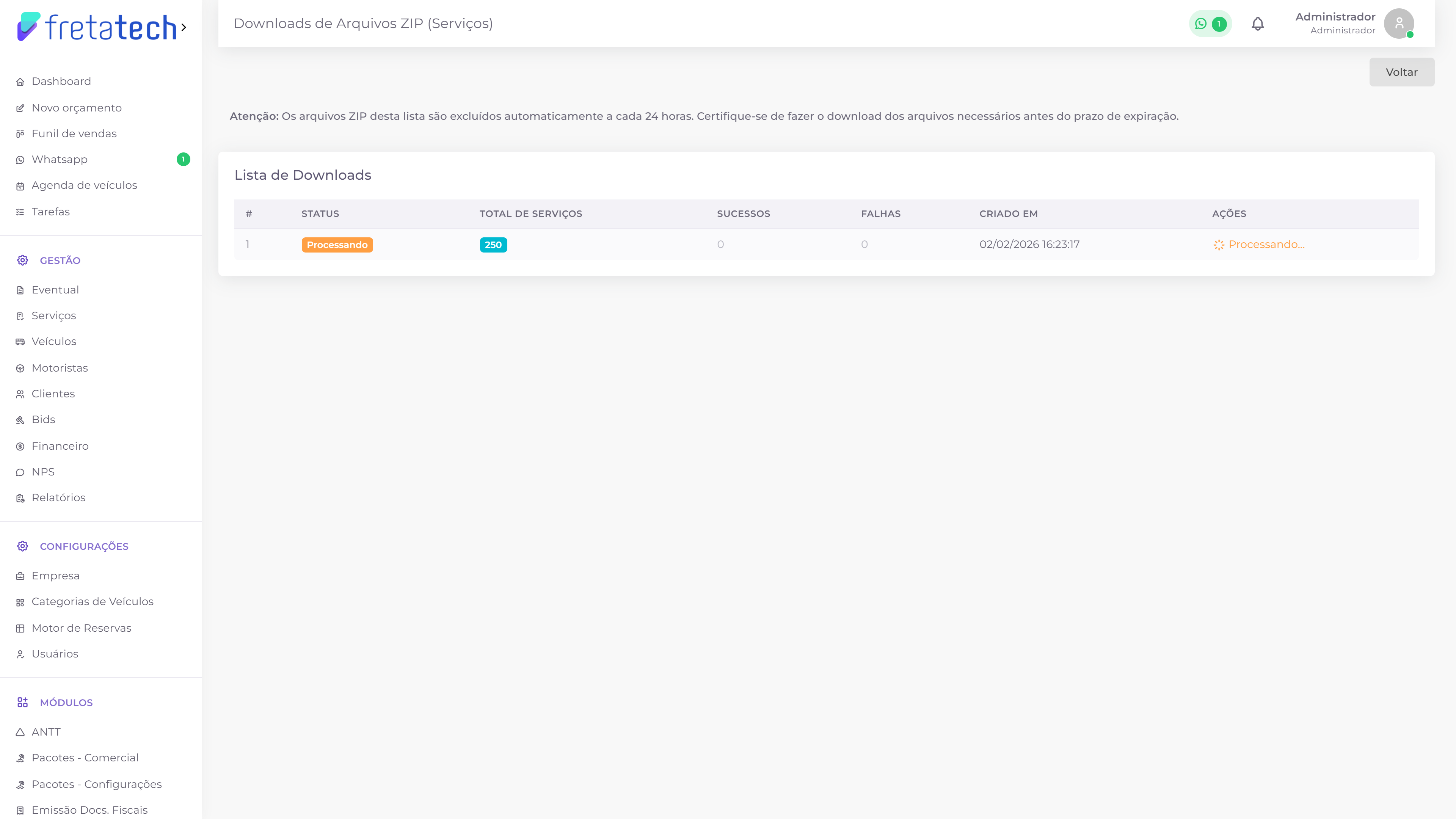 Tela de downloads de arquivos ZIP