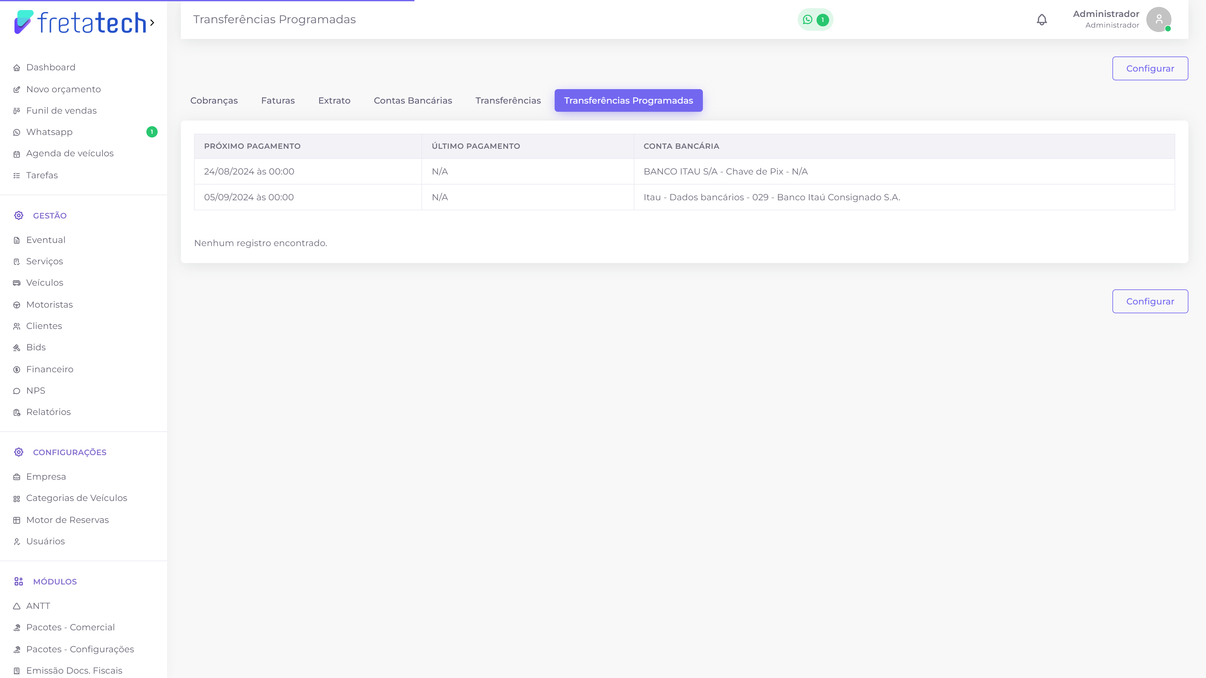 Aba de transferências programadas